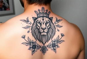 powerful majestic lion with a crown, surrounded by floral ornaments and birds tattoo idea