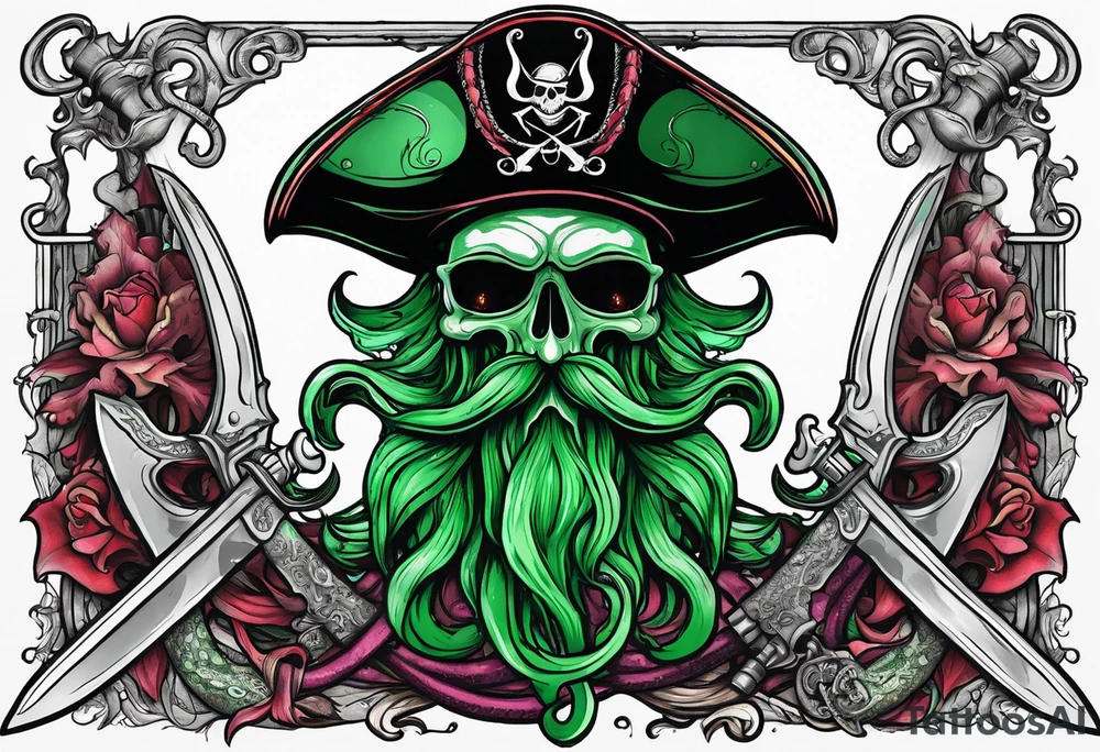 green pirate squid with tentacles holding bloody sword and anchor, black hat, beard tattoo idea