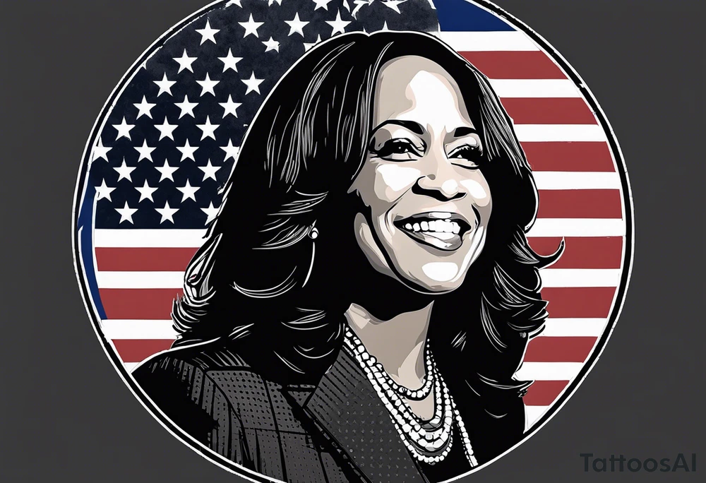 Kamala Harris, jackass, United States flag, circular motif, egg on face. Kamala is an idiot tattoo idea