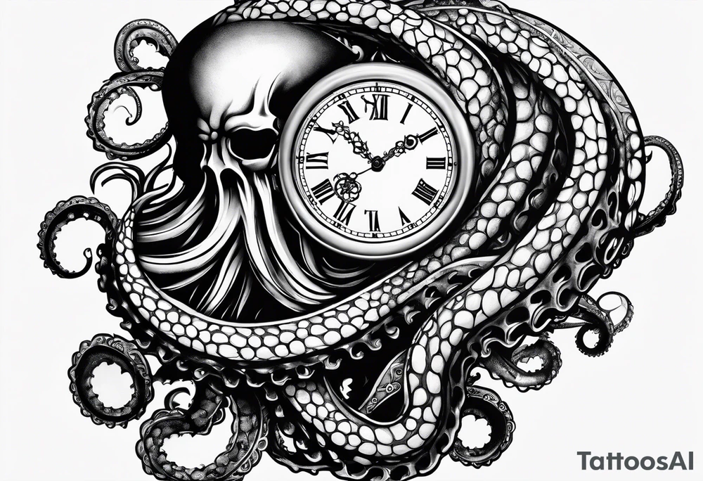 to be drawn in the arm, pocket watch wrapped under an aggressive octopus in side view tattoo idea