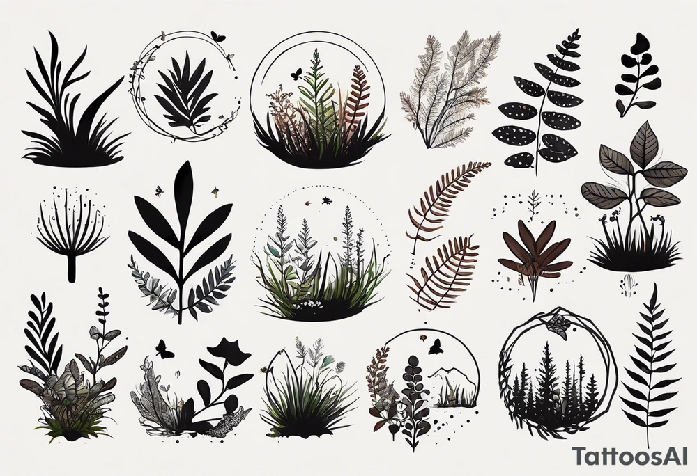 minimalistic forest floor inspired tattoo, which includes grass, moss, curly ferns and dead leaves as the bulk of the tattoo. details to include: forest berries, couple of very small brown mushrooms, a tiny bumblebee flying nearby tattoo idea