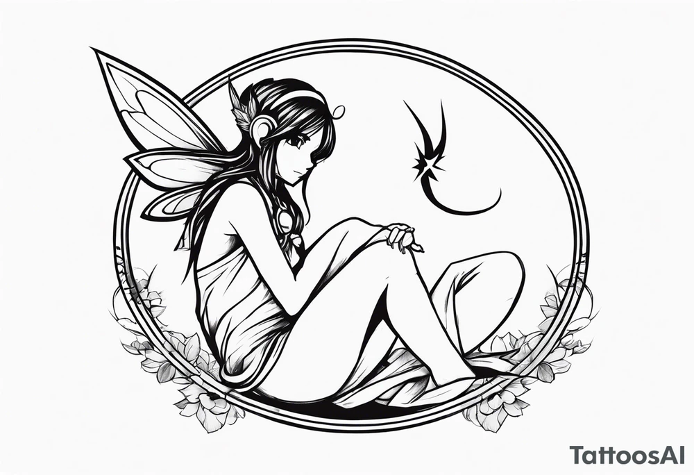 No color sketch of a fairy with a tail inspired by the guild symbol in the anime show called Fairy Tail in a fetal position leaning in and forward while crawled in tattoo idea