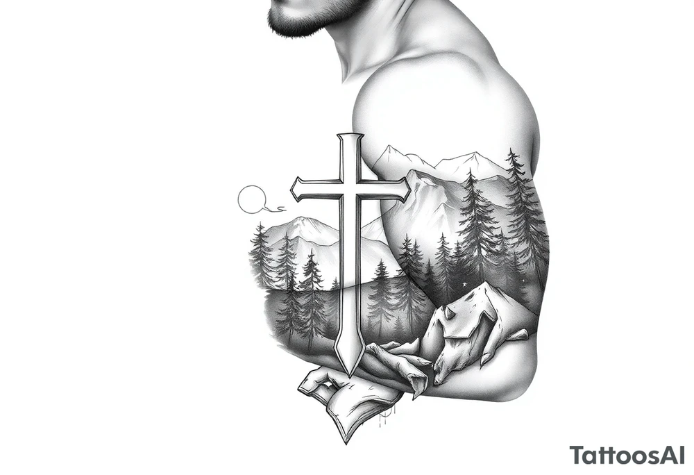 russian orthodox cross in a light forrest mountainous setting tattoo idea