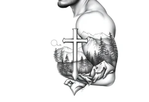 russian orthodox cross in a light forrest mountainous setting tattoo idea