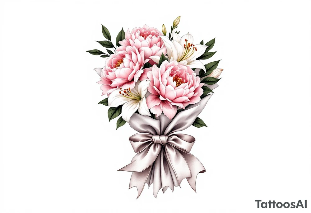 A 3D bouquet wrapped in a satin ribbon, with soft pink peonies, white lilies, and golden details, appearing fresh and lifelike. tattoo idea