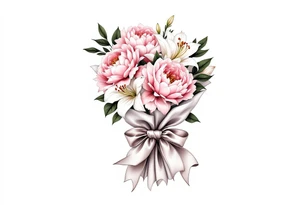 A 3D bouquet wrapped in a satin ribbon, with soft pink peonies, white lilies, and golden details, appearing fresh and lifelike. tattoo idea