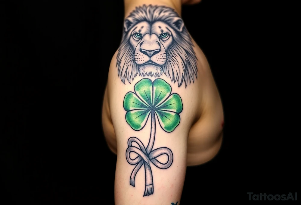 Create a men's Celtic warrior half-sleeve tattoo featuring a mighty, majestic face-forward lion at the top of the shoulder. Extend the bottom of the lion's mane to create open and shaded Celtic knots that travel down the arm. Add a hyper-realistic Celtic shamrock with green peridot jewel petals and an organic stem. Continue the knots to intersect with a Celtic warrior armband that wraps the arm just above the elbow. tattoo idea