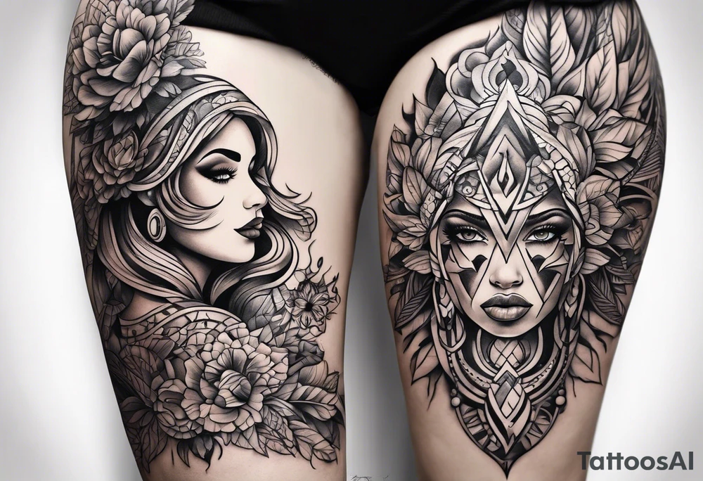 A thigh tattoo, symbol of feminism, strength, motherhood. tattoo idea