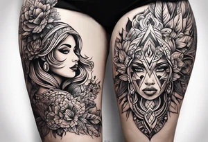 A thigh tattoo, symbol of feminism, strength, motherhood. tattoo idea