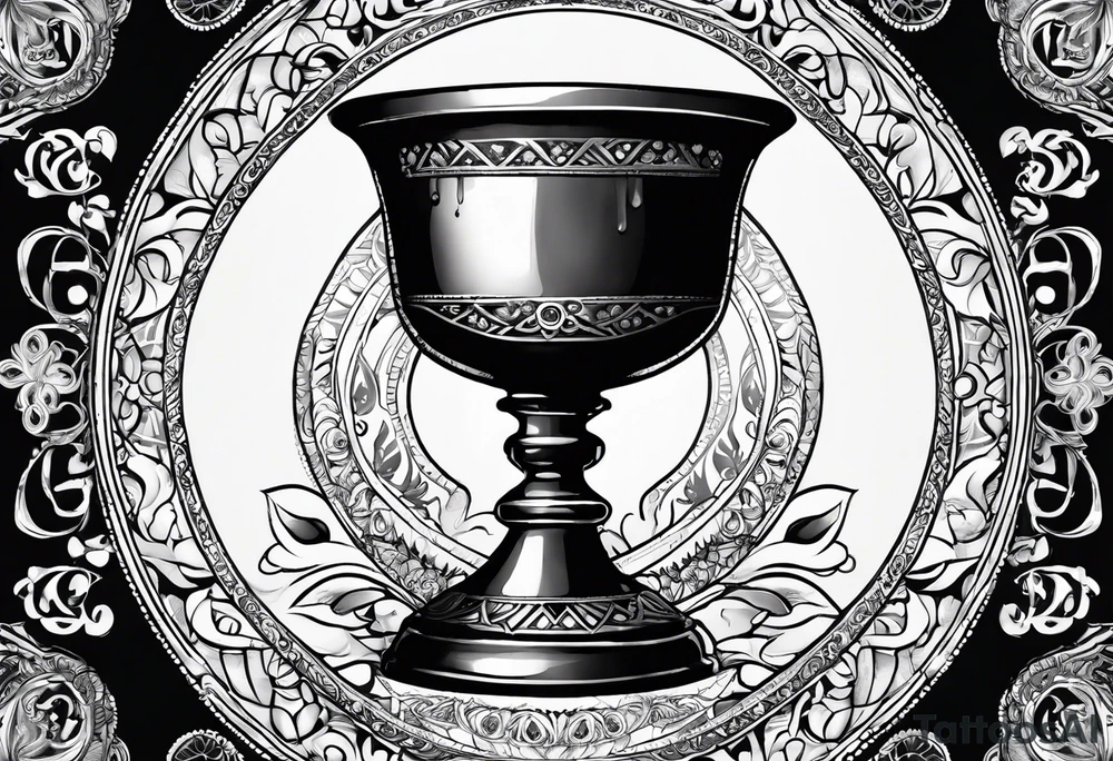 Illustrate a sacred chalice filled with symbolic water from different religious traditions, representing the shared essence of purity and spiritual nourishment. tattoo idea