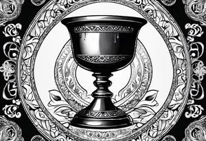 Illustrate a sacred chalice filled with symbolic water from different religious traditions, representing the shared essence of purity and spiritual nourishment. tattoo idea