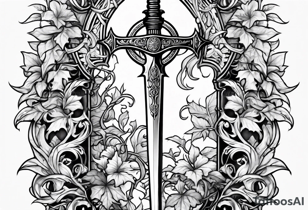 Leafy vines with sword tattoo idea