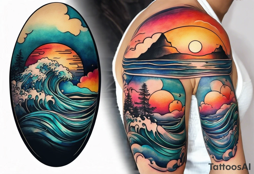 Round tattoo, inside sunset and sea with retro look tattoo idea