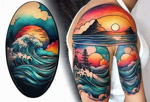 Round tattoo, inside sunset and sea with retro look tattoo idea