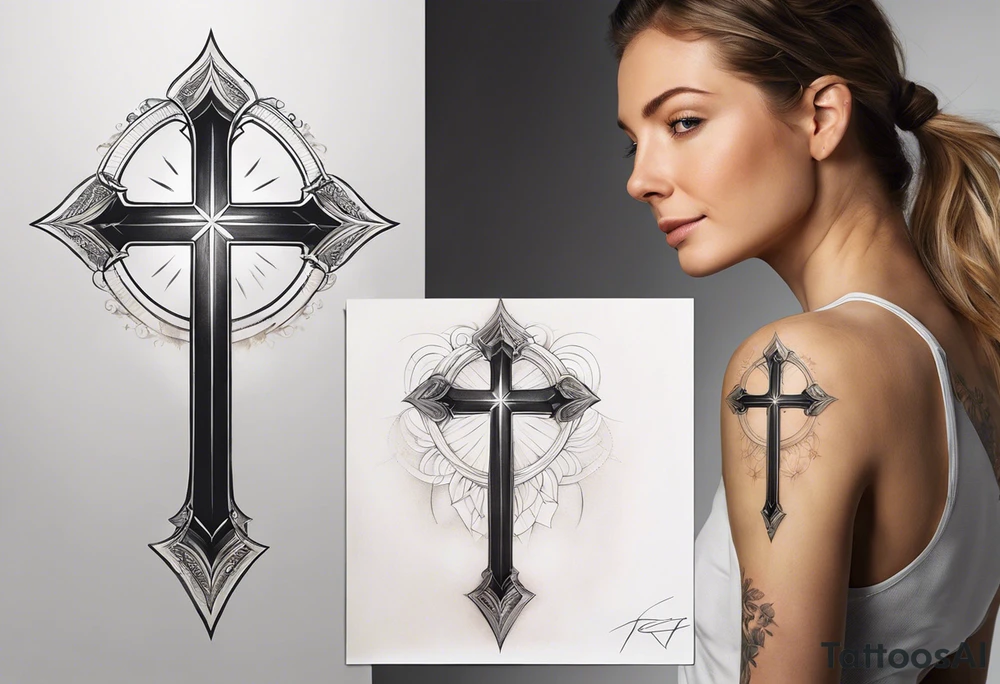Realistic Tattoo: A refined cross with a soft halo surrounding it, symbolizing light and spirituality. Delicate rays extend outward from the halo, adding a subtle glow and depth. The cross itself is simple and elegant, with potential for small, intricate line details within the design. Style: Realism tattoo idea