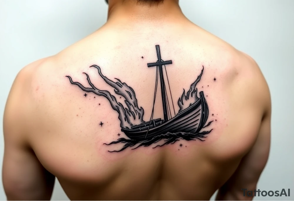 Boat on fire with cross as mast. Water colour tattoo idea