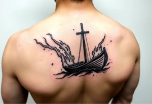 Boat on fire with cross as mast. Water colour tattoo idea