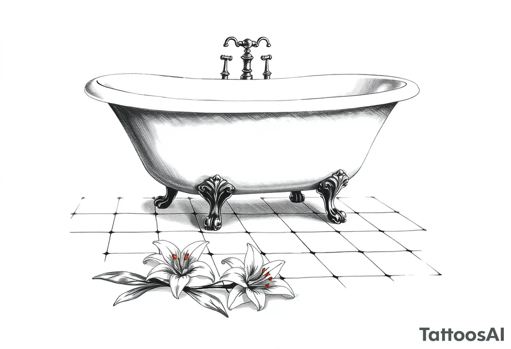 Clawfoot bathtub on tile floor with lily coming up from floor tattoo idea