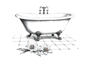 Clawfoot bathtub on tile floor with lily coming up from floor tattoo idea