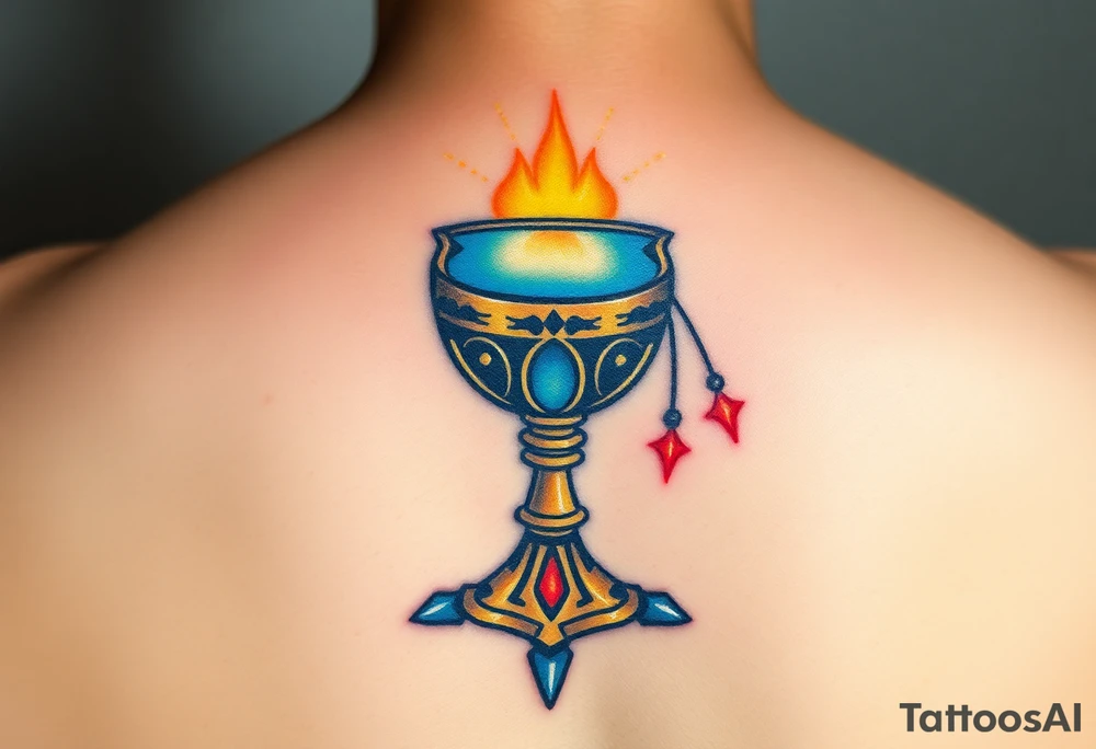 holy grail, glowing with soft blues and golds, surrounded by soft rays of light, standind next to a dark chalice, dripping black liquid, with red glowing symbols tattoo idea