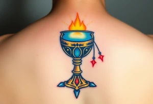 holy grail, glowing with soft blues and golds, surrounded by soft rays of light, standind next to a dark chalice, dripping black liquid, with red glowing symbols tattoo idea