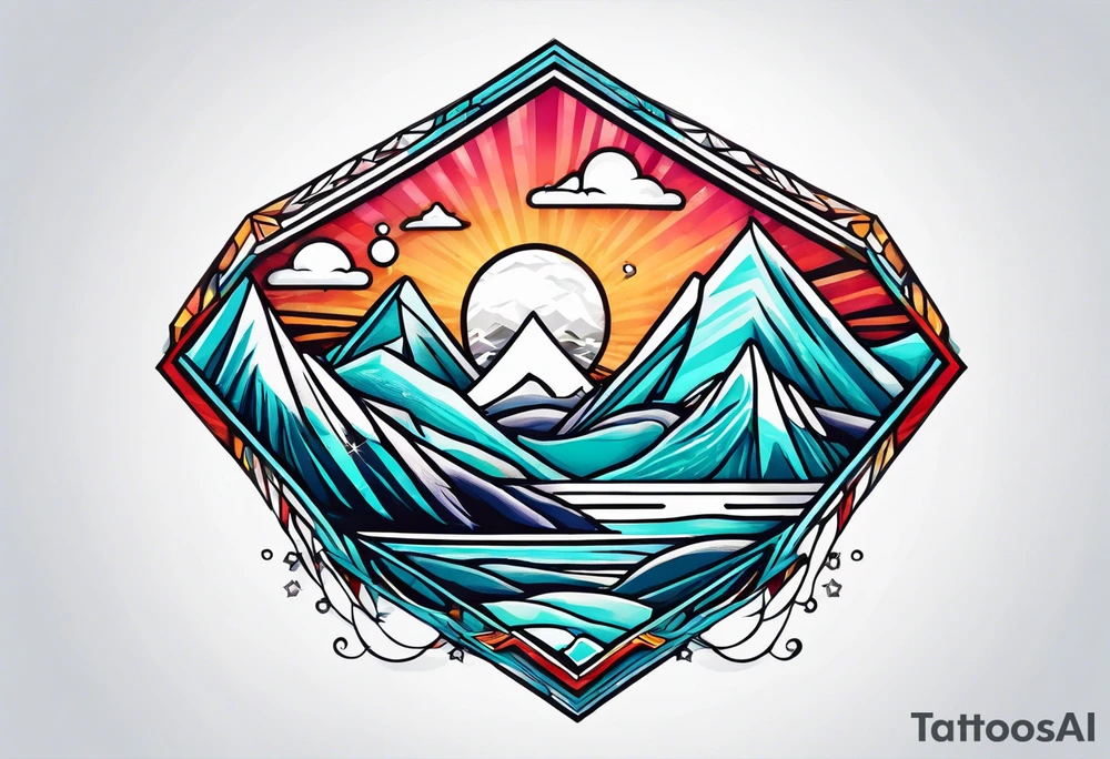 Mountains and ocean waves diamond shape tattoo idea