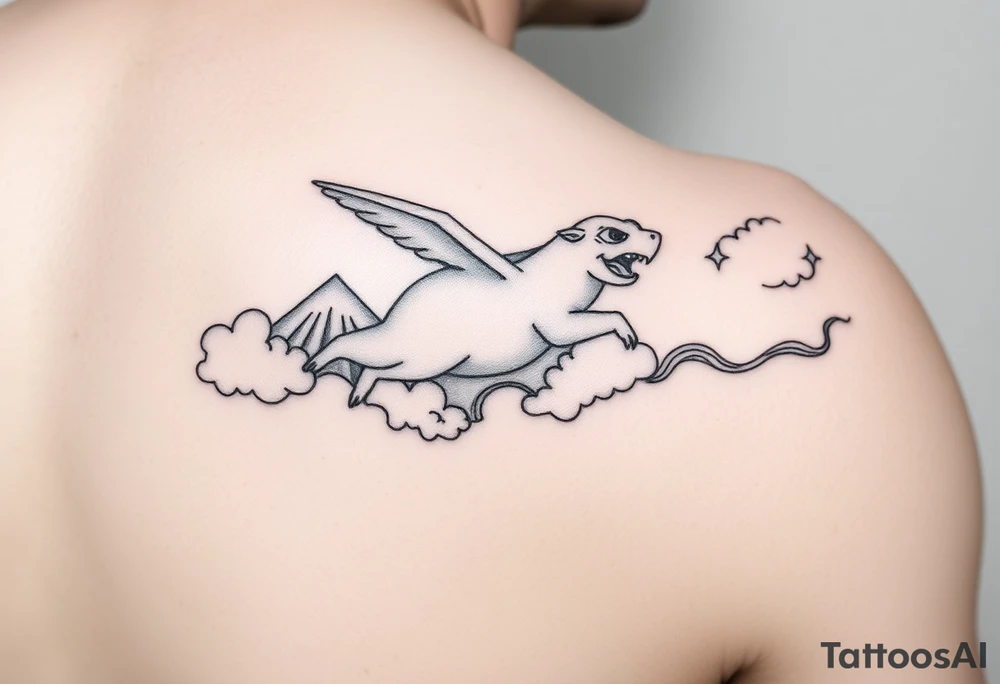 Appa (from Avatar the last airbender) flying in an arc across the upper arm.
-The sky/cloud shapes change as Appa passes over each “region”:
-mountain/clouds shaped like Ohio
-breezy, swirl-like clouds, open sky
-rolling wave-like forms, maybe trees dripping into the clouds
-sharper, flame-styled cloud edges or skyline with spark texture
-Trailing behind Appa: the element symbols (from Avatar the last airbender)  in order of earth, air, fire water, like a sky trail.
-SpongeBob Easter Egg: A tiny jellyfish or bubble-blowing SpongeBob cloud tucked subtly into the scene. tattoo idea