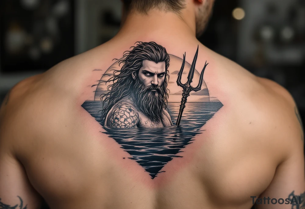 Poseidon half way under calm water with trident at sunset tattoo idea