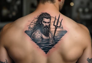 Poseidon half way under calm water with trident at sunset tattoo idea