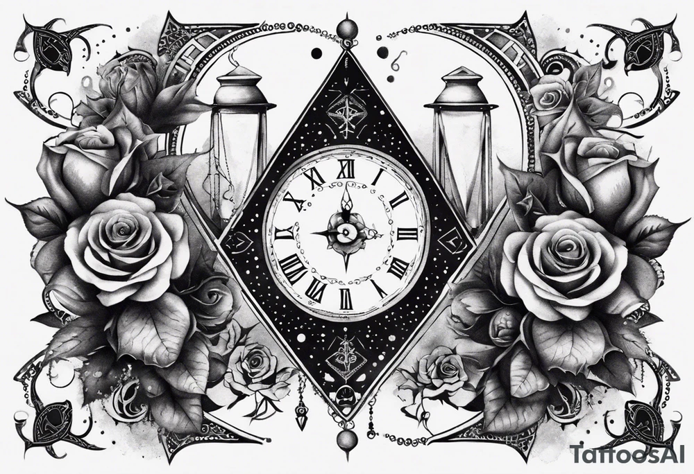 I want a design for printing on t-shirts, the design is an hourglass with a hand clock in the middle with Amazigh numbers, and these two main elements are mixed with thorny roses and planets tattoo idea