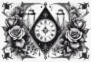 I want a design for printing on t-shirts, the design is an hourglass with a hand clock in the middle with Amazigh numbers, and these two main elements are mixed with thorny roses and planets tattoo idea