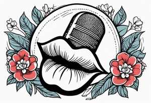 old school traditional vintage style design of lips singing into microphone with vintage flowers surrounding it tattoo idea