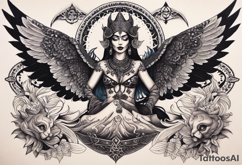 black kali, goddess pirate, alien, angel, pachamama, valkrye, warrior, flying, skull, lotus azul, wing, eagle, zenza resonance, stars, 5D, anahata chakra, death, durga, riding on a tiger, flying lady, kundalini, chest tatoo tattoo idea
