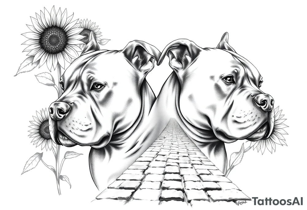 Very thick muscled up pitbull portraits fading into the background as filler incorporate sunflowers, an old road made from pavers tattoo idea