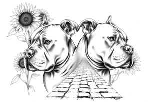 Very thick muscled up pitbull portraits fading into the background as filler incorporate sunflowers, an old road made from pavers tattoo idea