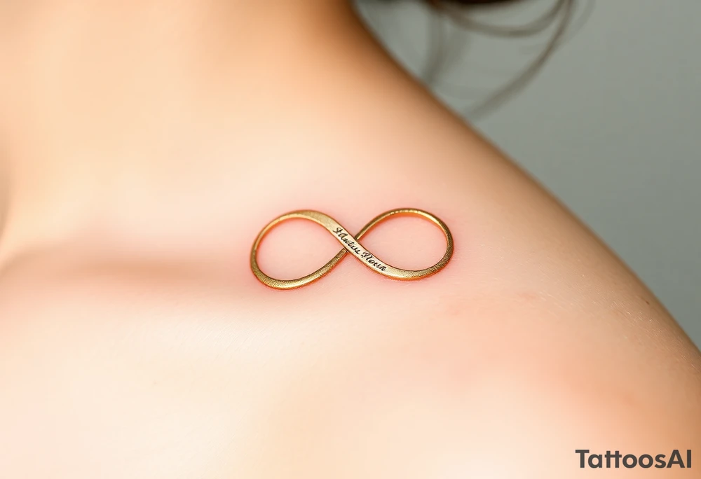 A delicate infinity symbol in shimmering champagne gold, intertwined with wedding rings engraved with the couple’s initials tattoo idea