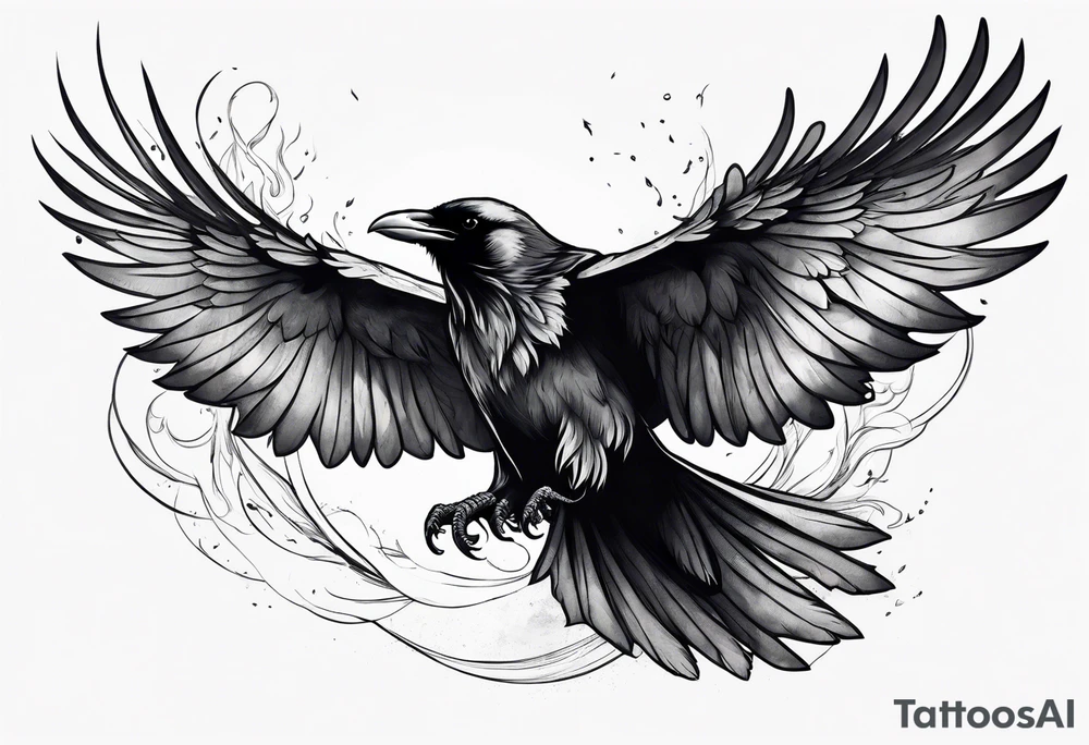 outline drawing of a flying raven with wings on fire tattoo idea
