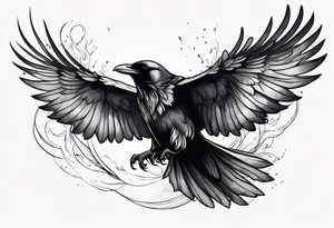 outline drawing of a flying raven with wings on fire tattoo idea