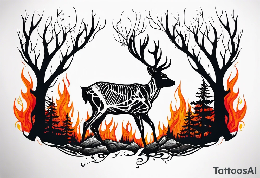 side profile of a deer skeleton JUST BONE surrounded by a flames and trees tattoo idea