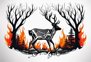 side profile of a deer skeleton JUST BONE surrounded by a flames and trees tattoo idea
