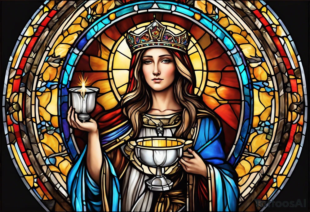 holy saint woman with halo stained glass holding a chalice with artillery tattoo idea