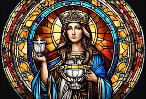 holy saint woman with halo stained glass holding a chalice with artillery tattoo idea