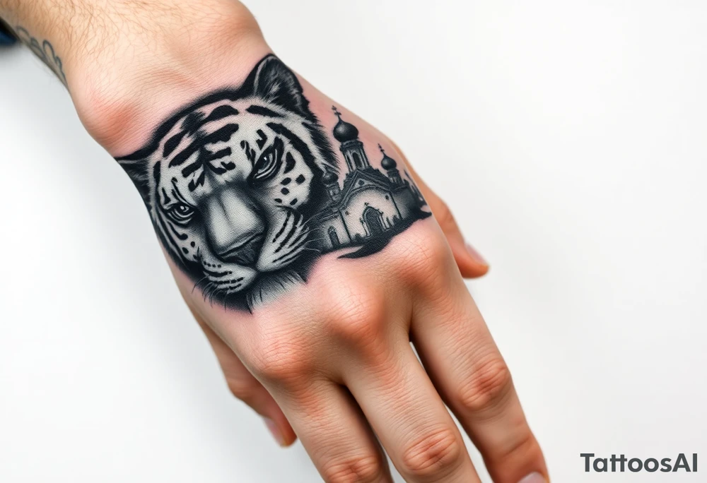 in a dorsal view of the hand and forearm a tiger face on the hand with black hollowed eyes, then above this a orthodox church shrouded with a mist and fading into a virgin mary overlooking tattoo idea