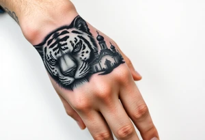 in a dorsal view of the hand and forearm a tiger face on the hand with black hollowed eyes, then above this a orthodox church shrouded with a mist and fading into a virgin mary overlooking tattoo idea