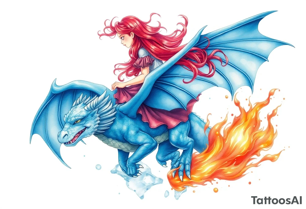 Redheaded girl riding a blue dragon with wings spread and flying over ice and fire tattoo idea