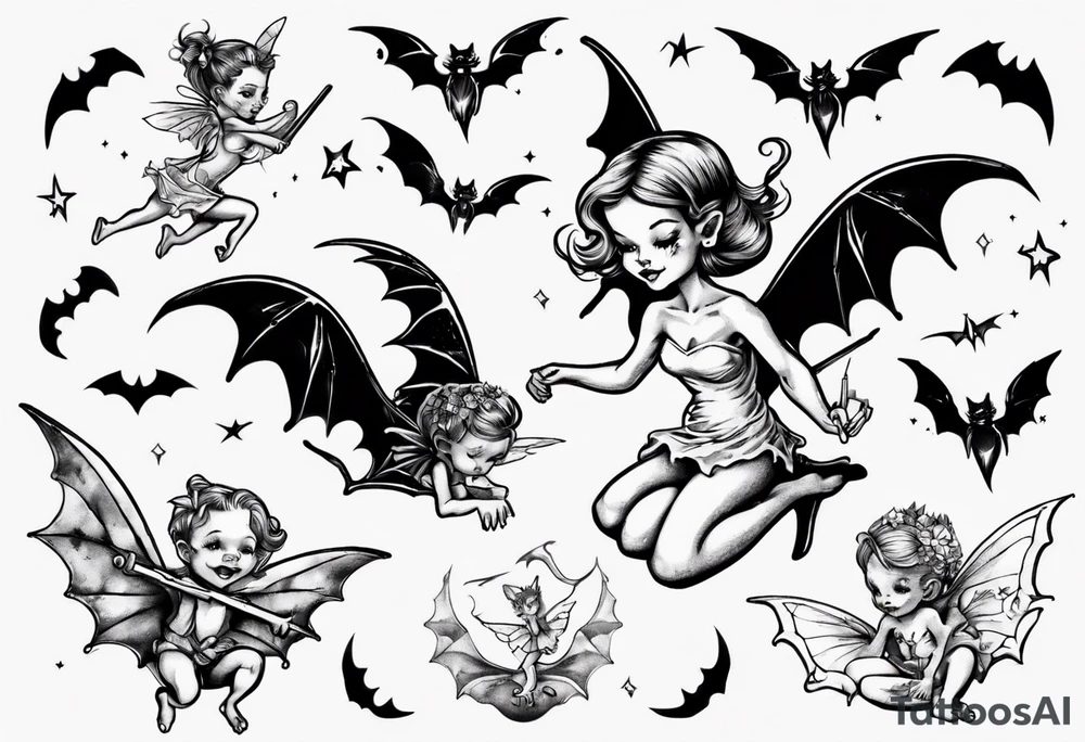 Tiny fairy riding on a bat tattoo idea