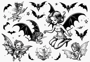 Tiny fairy riding on a bat tattoo idea