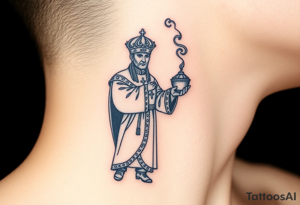 Russian Orthodox Priest in a fully detailed gold vestment swinging a censer with smoke curling upward tattoo idea
