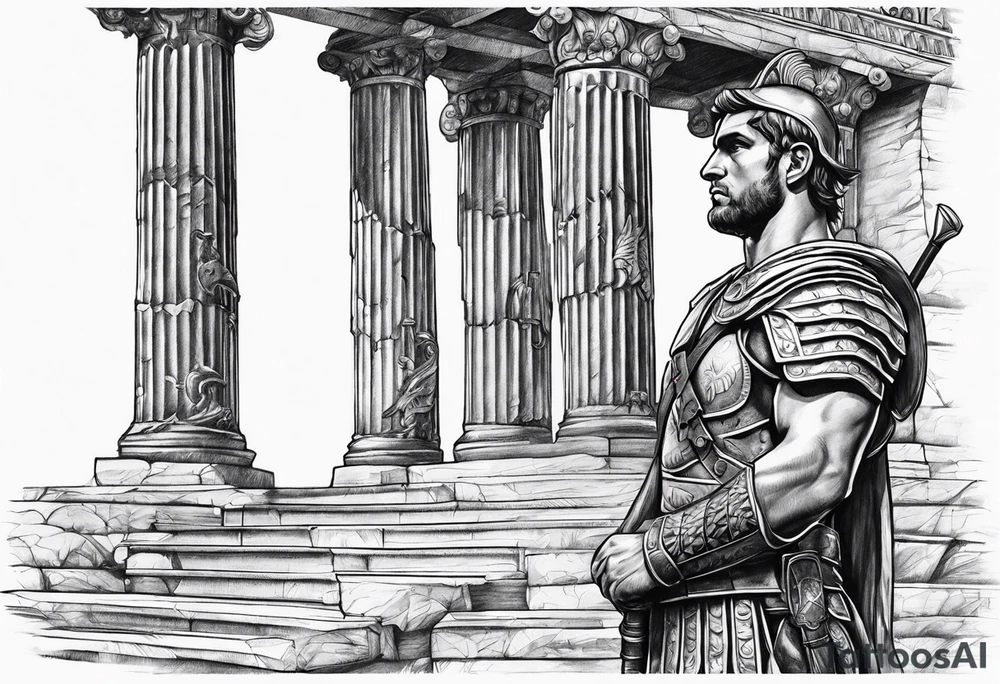 Roman solider looking at distant pillars tattoo idea