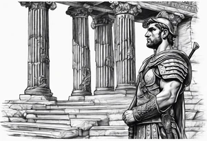 Roman solider looking at distant pillars tattoo idea
